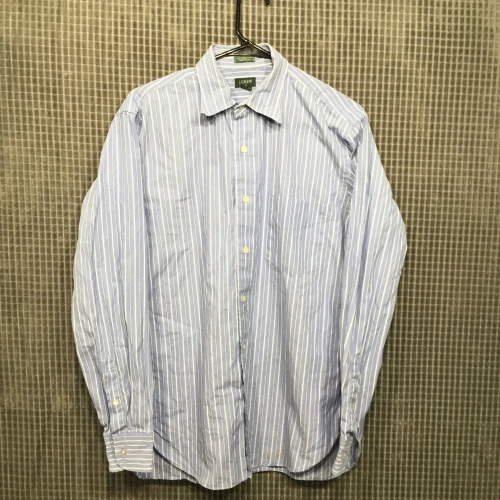 J.Crew Mens Blue White Striped 80s 2-Ply Cotton Button Down Shirt Size M 15-15.5